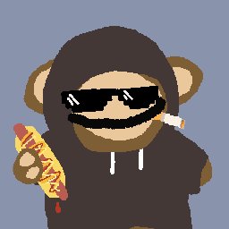 A pixel art style image of a hooded monkey character wearing sunglasses and holding a hot dog, with a smirking expression against a gray background.