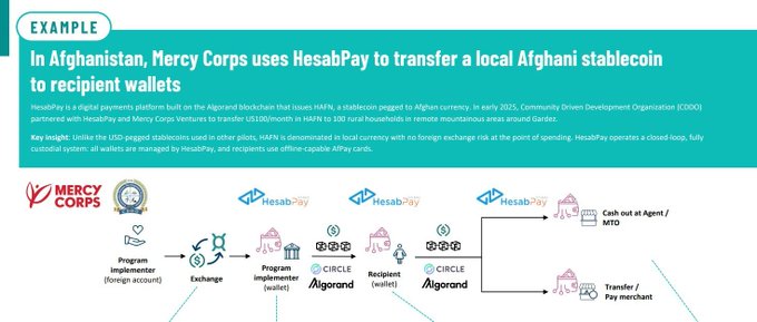 An infographic titled 'EXAMPLE: In Afghanistan, Mercy Corps uses HesabPay to transfer a local Afghani stablecoin to recipient wallets,' showing a flow diagram of the process.