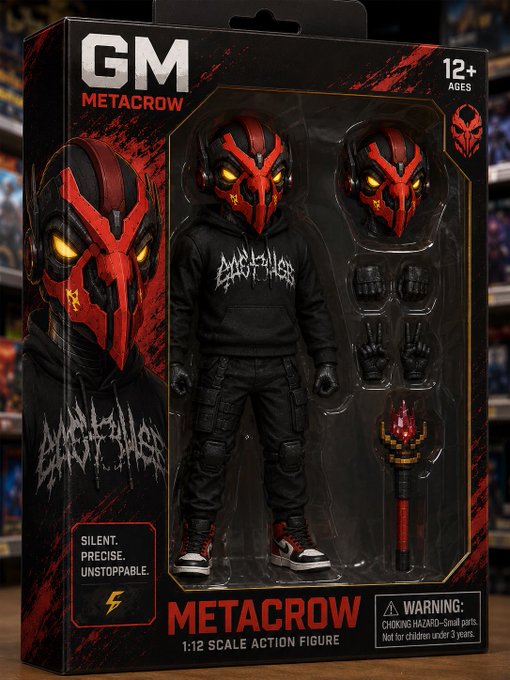 A packaged 1:12 scale "METACROW" action figure by GM is displayed, featuring a masked character in a black hoodie with "UNRULY RAPTORS" text, along with alternate hands, an extra head, and an accessory weapon, marketed for ages 12+. The dramatic red-and-black design and bold "SILENT. PRECISE. UNSTOPPABLE." tagline suggest this collectible is a notable item worth tracking on collectors' radars this week.