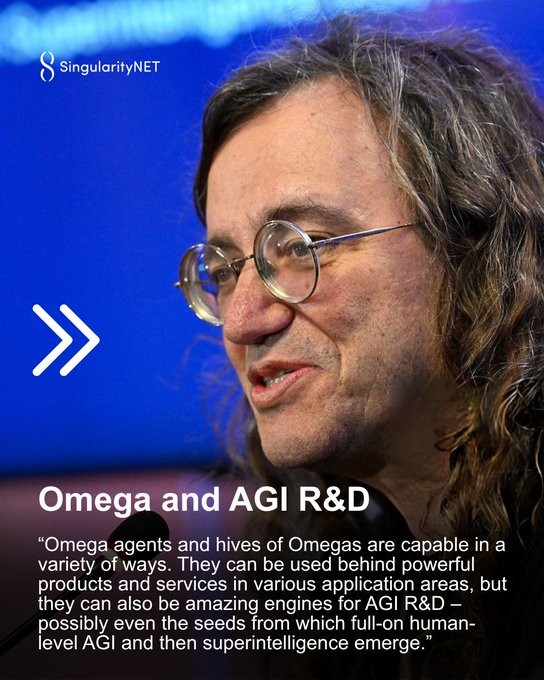 A SingularityNET promotional image featuring a man with glasses and long hair, with text about "Omega and AGI R&D" describing Omega agents as engines for AGI and superintelligence.