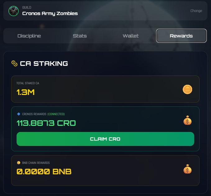 The image displays a closeup of a computer screen showcasing a screenshot from a video game console or app, with various items displayed such as coins and rewards. The main focus of the image is the claim box at the bottom right corner, which is a green rectangle with white text that reads "Claim CRO". The screenshot includes text related to gaming, such as "Web3 gaming" and an interesting quote about participating in the ecosystem.