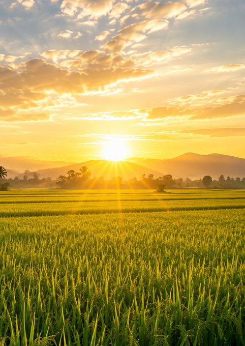 A scenic landscape photograph featuring a vibrant sunset over green rice fields with mountains in the background, showcasing warm golden light streaming through scattered clouds.
