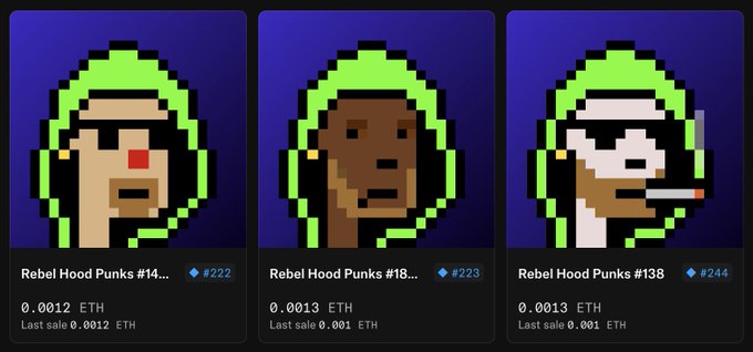 Three pixel-art style NFT portraits of characters wearing green hoods, with text below reading 'Rebel Hood Punks #14...', 'Rebel Hood Punks #18...', and 'Rebel Hood Punks #138', alongside prices in ETH.