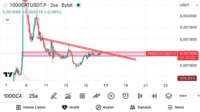 A 2-hour candlestick chart of 1000CATUSDT.P on Bybit displaying a descending trendline pattern with the current price around 0.001689.