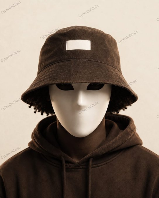 A faceless white mannequin wears a brown corduroy bucket hat with a blank rectangular patch, paired with a matching brown hoodie against a cream backdrop.