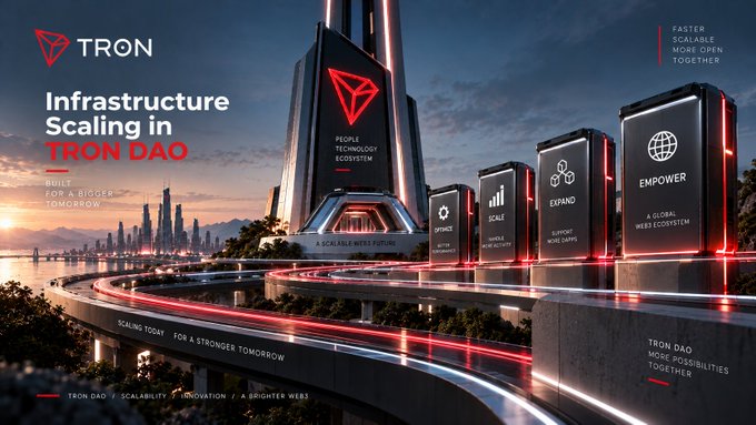 A futuristic promotional graphic for TRON DAO featuring the text 'Infrastructure Scaling in TRON DAO' alongside pillars labeled 'OPTIMIZE', 'SCALE', 'EXPAND', and 'EMPOWER', with the tagline 'SCALING TODAY FOR A STRONGER TOMORROW'.