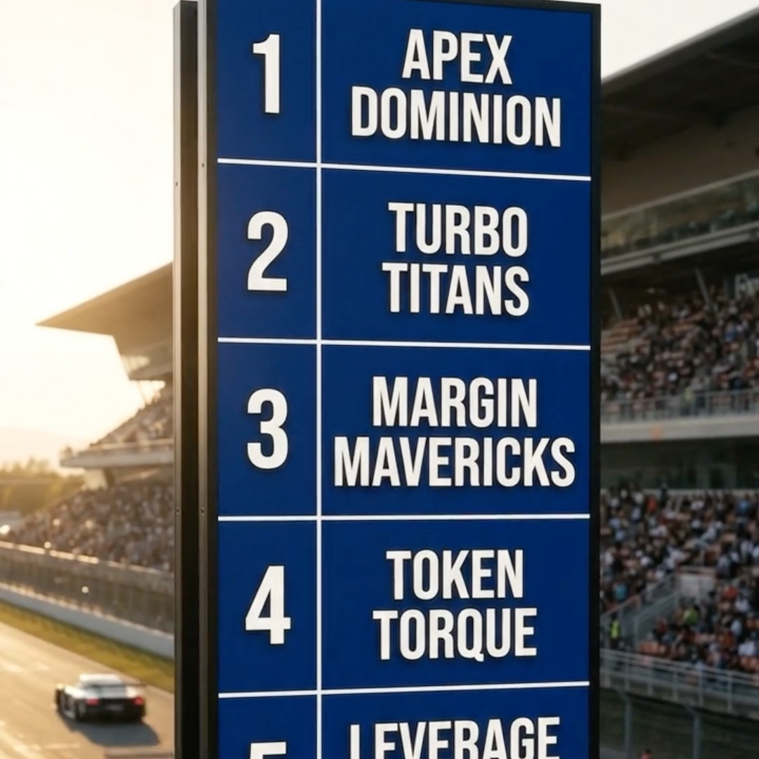 A blue racetrack leaderboard displays the current TIFT 2026 Team Championship standings, with Apex Dominion in 1st, Turbo Titans in 2nd, Margin Mavericks in 3rd, Token Torque in 4th, and Leverage in 5th, set against a stadium backdrop with crowd-filled grandstands and a race car on the track—reinforcing the post's message that "today's leader isn't necessarily tomorrow's champion."