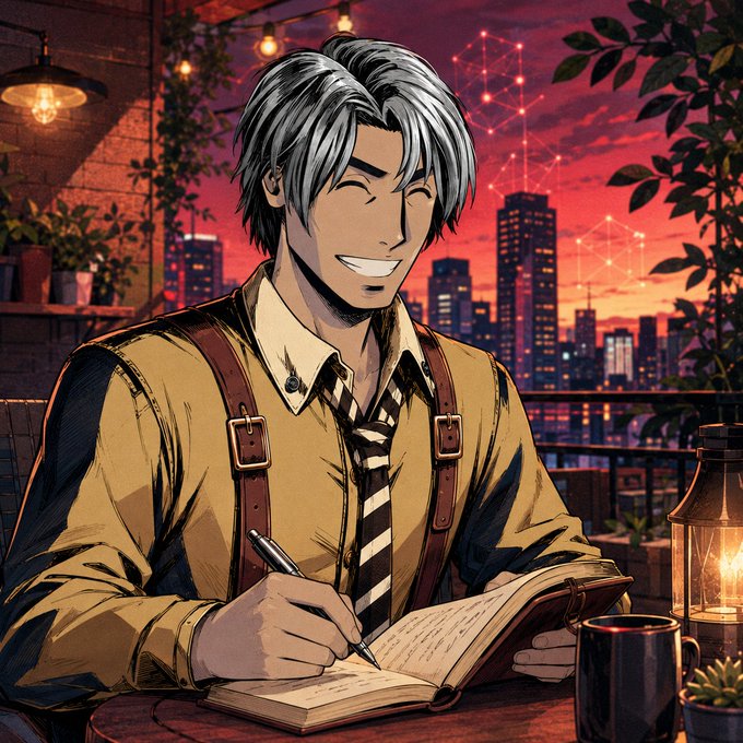 An anime-style illustration of a smiling man with gray hair, wearing a yellow shirt with suspenders and a striped tie, writing in a journal at a table against a sunset cityscape.