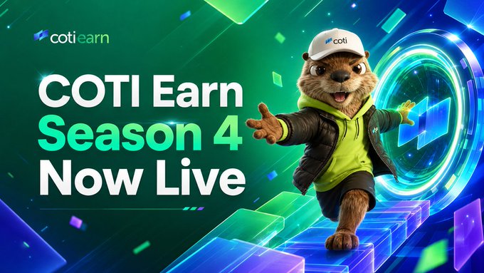 The image features a cartoon otter wearing a green shirt, standing on top of a staircase with its arms outstretched as if waving or greeting someone. The background of the image has a gradient color scheme that transitions from blue at the bottom to purple in the middle and then back to green at the top. Below the otter, there is text that reads "COTI Earn Season 4 I velocity is LIVE 20-Million in COTI rewards Complete Missions & Stack Rewards → Deposit & hold assets on COTI Network → Deposits assets & deploy strategies on @CarbonDeFi → Social & partner missions + new missions incoming!".