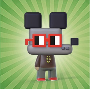 A cartoon robot character with red square glasses, black rectangular ears, and a brown body stands against a green sunburst background.