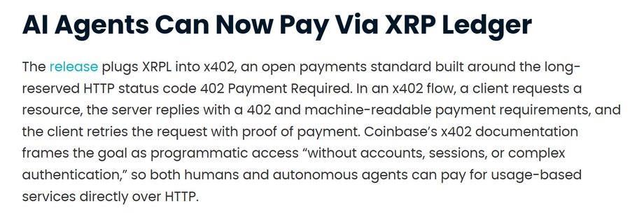 The image shows a gray background with white text that reads "Al Agents Can Now Pay Via XRP Ledger" along with some information about XRPL, payment gateway, and cryptocurrency. The main focus of the image is the text on the right side which says "coindesk.com/tech/2026/05/2 ...". This suggests that there might be a connection between the content in the image and the post it appears to be related to.