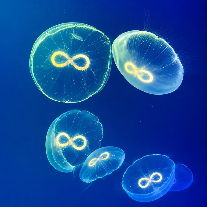 Moon jellyfish drift through a deep blue ocean, their translucent bells and glowing golden gonads resembling the infinite and dynamic landscape of cryptocurrency markets — visually echoing MEXC's invitation to explore an "ocean of opportunities."