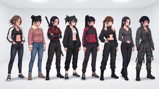 A character design lineup showing eight female characters in various tactical and casual outfits in an anime/illustration style.