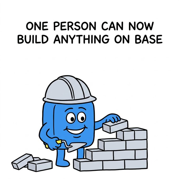A cartoon blue character wearing a construction helmet and holding a trowel is building a brick wall, with the text "ONE PERSON CAN NOW BUILD ANYTHING ON BASE" displayed above.