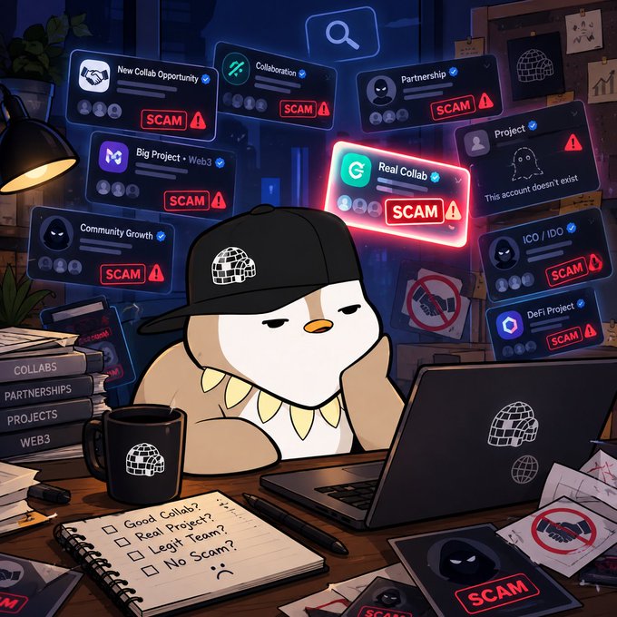 An animated owl character wearing a cap sits at a desk with a laptop, surrounded by floating screens displaying scam warnings like "SCAM" and "Real Collab."