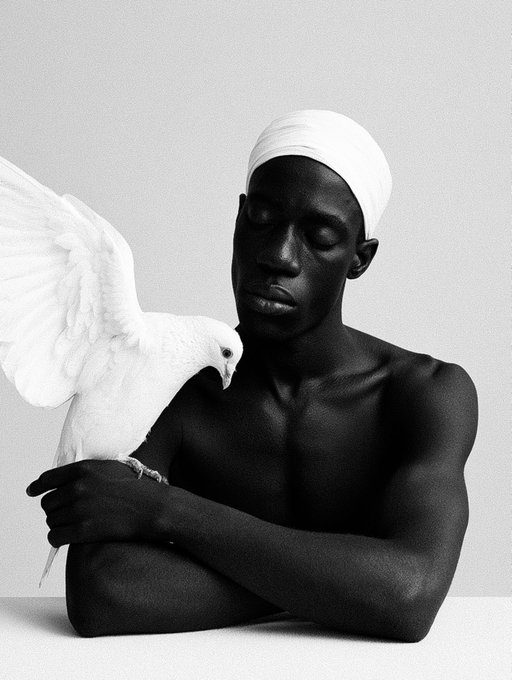 A serene black-and-white photograph captures a shirtless man with eyes closed wearing a white headwrap, gently holding a white dove with outstretched wings against his chest. The image evokes themes of peace, transformation, and spiritual stillness, perfectly complementing the "ITAN III: Transformation" exhibition's exploration of quiet, contemplative change.