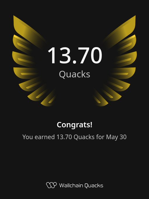 The image features a trophy with wings and gold lettering reading "Congratulations! You earned 13,740 Quacks for May 30" against a black background. The trophy appears to be displayed in an email header or message, suggesting that someone has received this accomplishment.