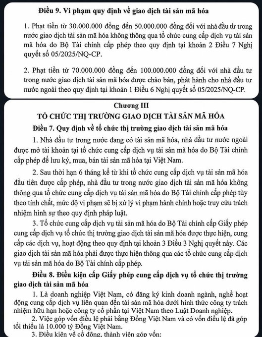 The image shows a Vietnamese legal document excerpt (Decree 05/2025/NQ-CP) outlining penalties for digital asset trading violations, specifically Article 6 on administrative fines ranging from 30-100 million VND for domestic and foreign investors trading on unlicensed platforms, and Chapter III establishing requirements for licensed digital asset trading organizations.

The image directly illustrates the post's warning by showing the actual legal thresholds and requirements investors need to understand, clarifying that the new regulations target unlicensed exchanges rather than prohibiting all crypto trading—investors should review the specific licensing criteria and penalties before making hasty decisions about their assets.