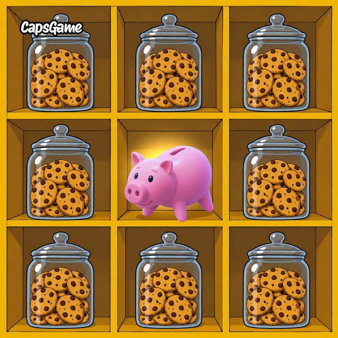 A 3x3 grid cartoon illustration of glass jars filled with chocolate chip cookies, with a pink piggy bank in the center, branded 'CapsGame'.