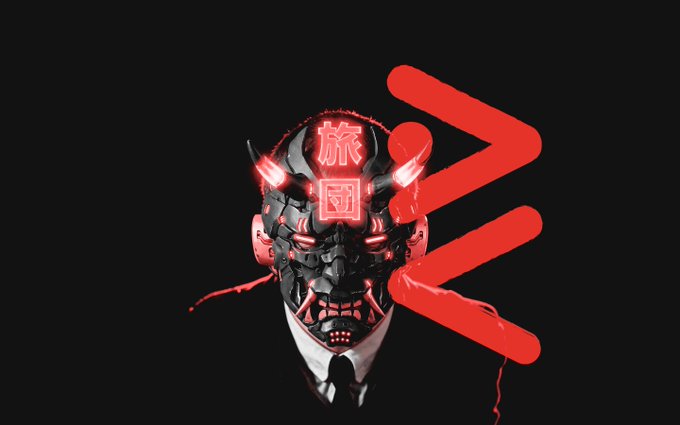 A stylized digital illustration of a cyborg/demon face with glowing red eyes and horns, featuring red Chinese/Japanese characters on the forehead and a large red Japanese-style brushstroke symbol on the right side, set against a black background.