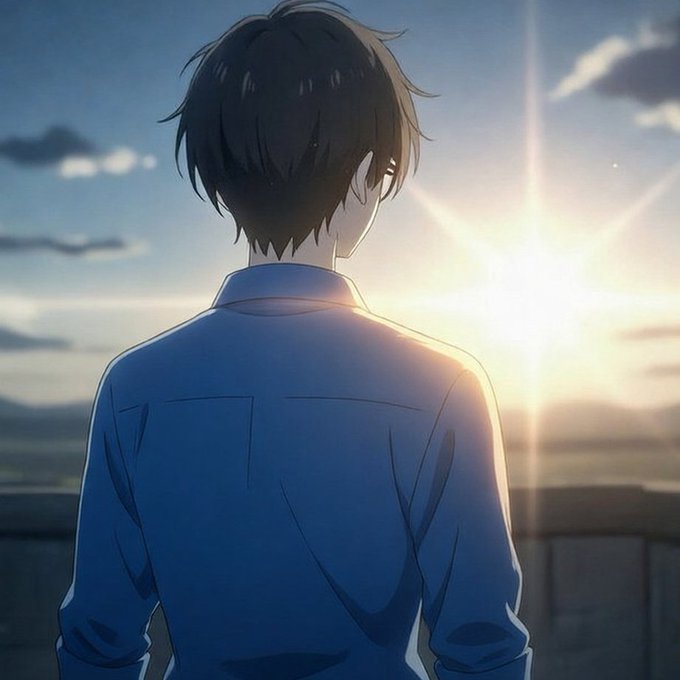 An anime-style illustration shows a young man with dark hair in a blue shirt viewed from behind, gazing toward a bright sunlit sky at sunset.
