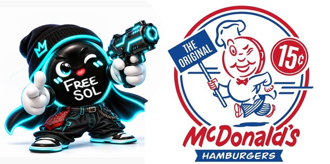A graphic shows a cartoon mascot holding a glowing blue gun with the text 'FREE SOL' next to a vintage-style 'The Original 15¢ McDonald's Hamburgers' logo.