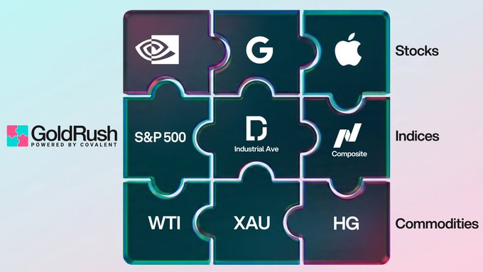 The image features a puzzle with various pieces that represent different financial companies such as Goldman Sachs, Apple, and Amazon. The puzzle is set against a light blue background, and there's text above and below the puzzle pieces indicating their respective positions within the financial industry. The image also includes a caption about the transition of finance from traditional sources like Bloomberg terminals to more accessible on-chain trading platforms.