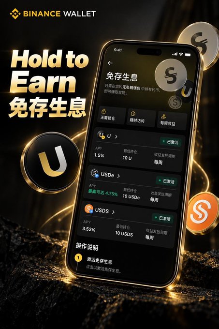 An advertisement for Binance Wallet's 'Hold to Earn' feature displaying deposit interest rates for U, USDe, and USDS tokens in a mobile app interface.