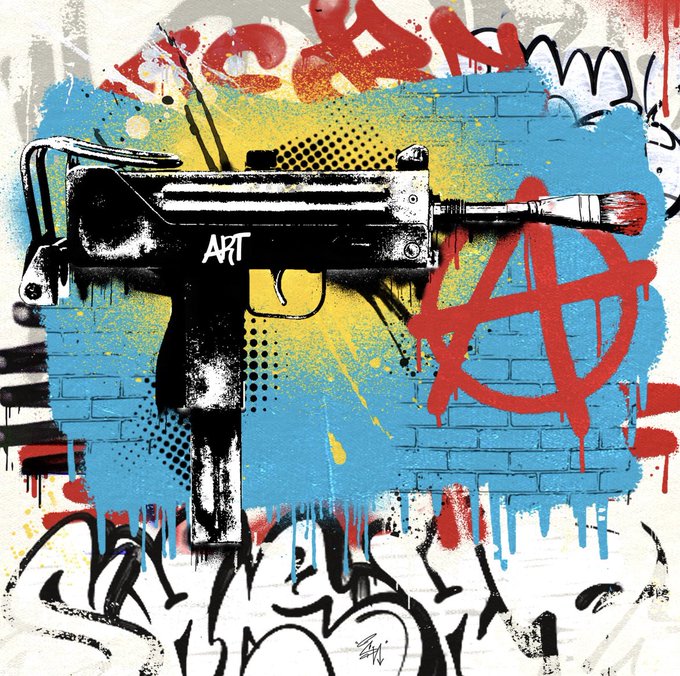 The image features a black and white photo with graffiti art that includes an image of a gun, a red "A" symbol, and a spray paint can. The background has a blue wall with various graffiti designs. The caption reads, "EDITION SOLD SHOUTOUT TO THE AMAZING @mari_ozer FOR COLLECTING AN EDITION OF 'ART?! ACTIVIST!'. Appreciate you Maria !!! From my latest collection @objktcom LAST EDITION AVAILABLE (1/10)".