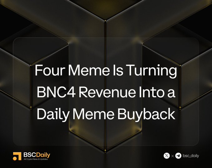 A promotional graphic from BSC Daily announcing that Four Meme (fourdotmemezh) will launch a BNC4 daily meme buyback and burn mechanism starting September 9, where 100% of BNC4 revenue is reinvested into daily buybacks. The image features a sleek black and gold geometric background with bold white text reading "Four Meme Is Turning BNC4 Revenue Into a Daily Meme Buyback," along with the BSC Daily logo and social handles (bsc.daily).