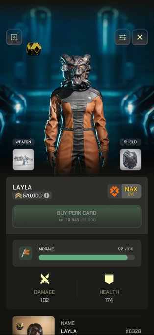 A character profile screen for a game character named LAYLA (#6328), showing stats including 570,000 XP, MAX LVL, 82/100 morale, 102 damage, and 174 health.