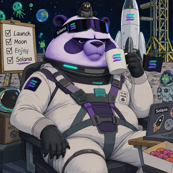 Illustration of a panda wearing a Solana-branded space suit with VR goggles and a 'TO THE MOON' name tag, sitting with a checklist reading 'Launch, Moon, Enjoy, Solana', holding a Solana mug and flag, with a rocket and Earth in the background.