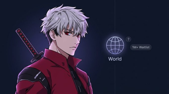 An anime character with white hair and red eyes wearing a red outfit with a sword on his back, standing next to a 'World' icon with '1M+ Waitlist' text.