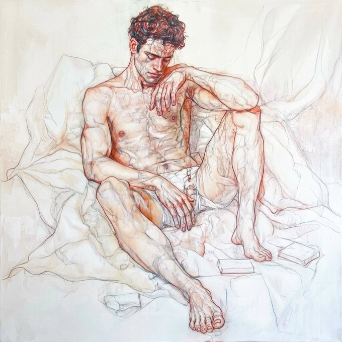 A watercolor and pencil drawing depicting a seated nude man with curly reddish hair in a contemplative pose, with anatomical sketch lines visible beneath the skin tones.