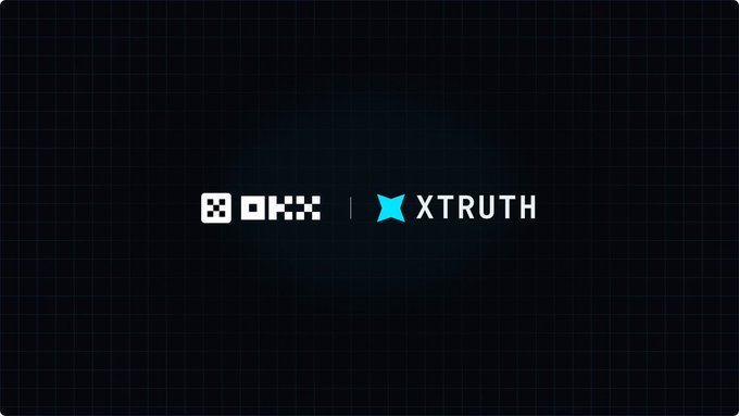 The image displays the OKX and XTRUTH logos side by side on a dark grid background, visually representing the announced integration between XTruth and OKX Onchain Outcomes for World Cup prediction market adjudication.
