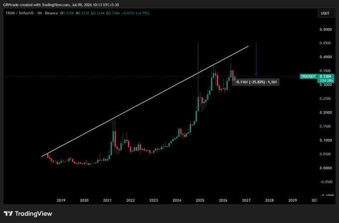 A TradingView candlestick chart for TRON/TetherUS (TRX/USDT) on Binance shows a price of 0.3154 USDT, with an upward trendline drawn from 2019 through projected values to 2031.