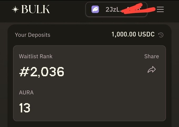 In this image, there's a screenshot of a mobile banking app with the title "Bulk" at the top. On the screen, a user has deposited $500 USDC into their account, which has been successfully processed. The app also displays that the user is part of a Waitable Rank for Share trading activity, where they have earned 13 Aura Points due to their deposit in a bulk trade. The app also provides some information about the current rate and expected return based on the perp launch valuation. Lastly, there's an email address listed below the screen containing more details about this particular transaction.