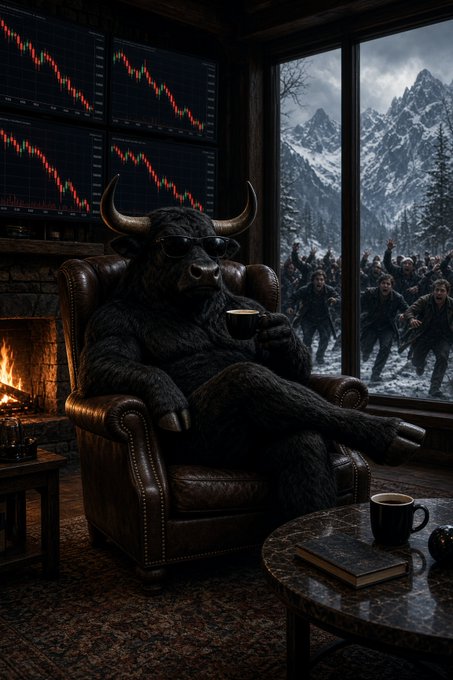 A dark, atmospheric digital artwork of a bull wearing sunglasses, sitting in a leather armchair holding a coffee mug in front of a fireplace, with falling stock market charts on a screen and zombies outside a window.
