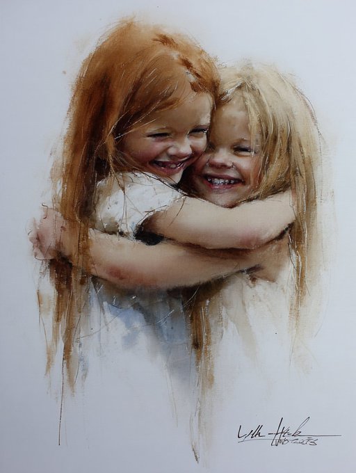 A watercolor painting of two young girls embracing and smiling joyfully, with long hair flowing around them, signed by the artist in the bottom right corner.