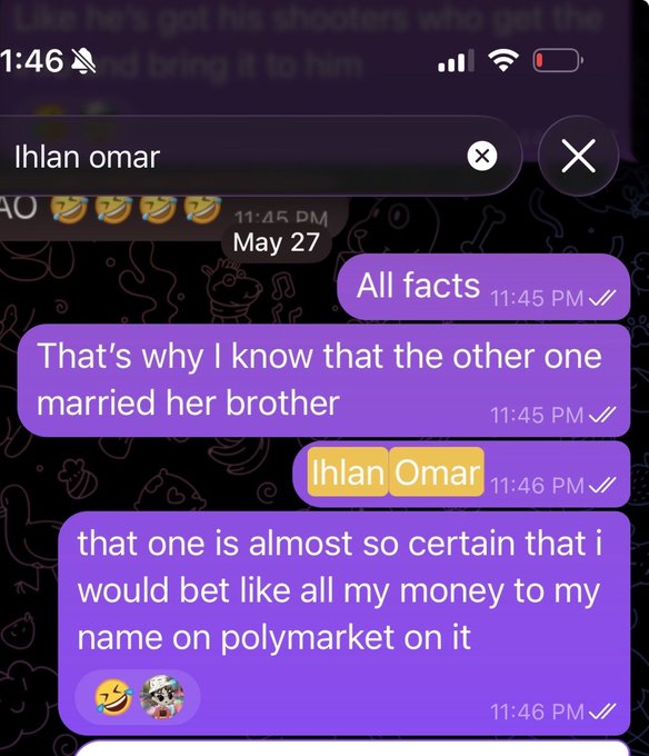 A Snapchat conversation showing messages about 'Ihlan omar' and a bet on Polymarket regarding claims that 'the other one married her brother.'