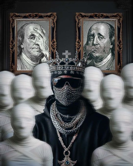 A figure wearing an ornate jeweled crown, rhinestone-studded face mask, sunglasses, and layered chains stands before a row of headless mannequins and two framed portraits—one resembling Benjamin Franklin, the other with a torn face bearing the partial letters "NA."

The royal, masked figure mirrors the post's playful, cryptic tone ("GN Happy Friday Say it back?"), adopting a commanding, mysterious persona as if reigning over the silent mannequins and weathered portraits in a surreal Friday-night tableau.