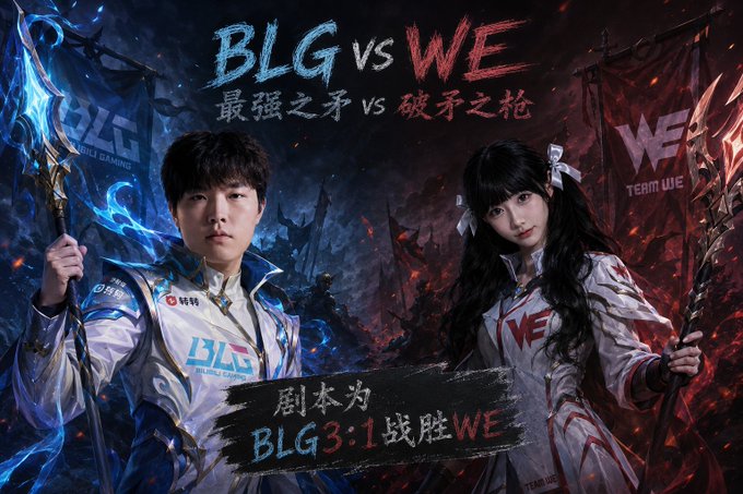 A promotional esports graphic for a 'BLG vs WE' matchup, featuring a male player in a blue/white BLG jersey and a female cosplayer in a red/white WE outfit, with text reading 'BLG 3:1 战胜 WE' (BLG defeats WE 3:1).