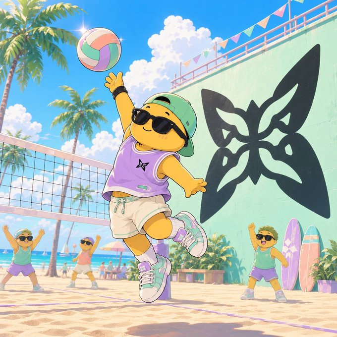 An illustration of a cute yellow character wearing sunglasses, a green cap, and purple tank top playing volleyball on a sandy beach with palm trees.