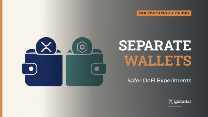 An educational graphic titled 'XRP EDUCATION & GUIDES - SEPARATE WALLETS - Safer DeFi Experiments,' showing two wallet icons labeled with the XRP and Hedera logos, credited to '@stedas'.