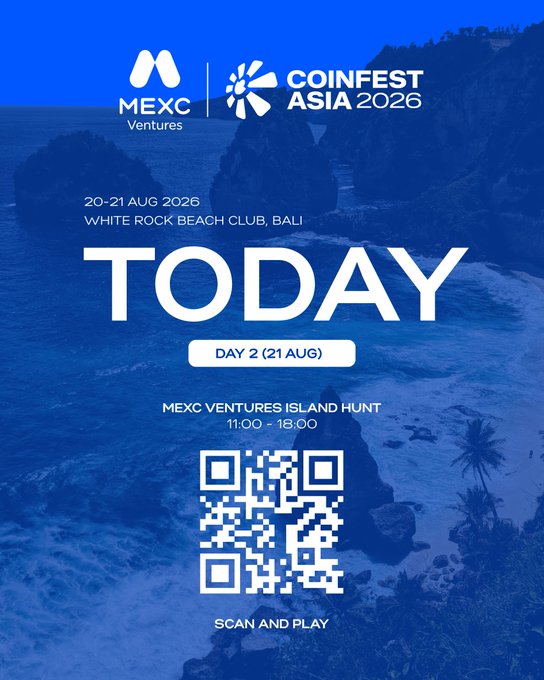 Promotional poster for Coinfest Asia 2026 at White Rock Beach Club, Bali (20-21 Aug 2026), featuring MEXC Ventures branding, a "TODAY DAY 2 (21 AUG)" banner for the "MEXC Ventures Island Hunt" (11:00-18:00), and a QR code with "SCAN AND PLAY" text.