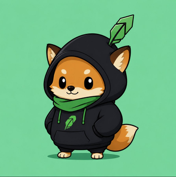 A cartoon illustration of a Shiba Inu dog wearing a black hoodie with a green leaf logo and a green leaf accessory on its head, set against a green background.