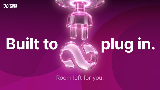 A glossy purple plug hovers above a glowing Pact Swap logo against a magenta background, paired with the tagline "Built to plug in. Room left for you." The visual reinforces the post's message about Pact Swap's Affiliate API, symbolizing how wallets and aggregators can simply "plug in" to access native cross-chain swaps and earn affiliate fees on every transaction.