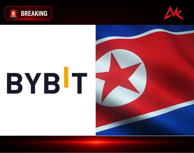 A news graphic features a 'BREAKING' alert with the Bybit logo alongside the North Korean flag.