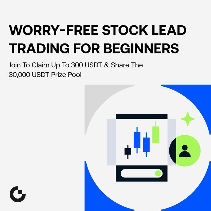 An advertisement or webpage banner with the headline 'WORRY-FREE STOCK LEAD TRADING FOR BEGINNERS' and the subtext 'Join To Claim Up To 300 USDT & Share The 30,000 USDT Prize Pool'. The design includes a gray and blue circular graphic containing a stylized smartphone displaying a candlestick trading chart and a green user profile icon.