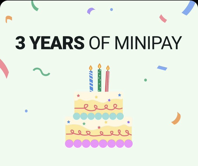 A celebratory graphic with confetti and a two-tiered birthday cake with candles, displaying the text '3 YEARS OF MINIPAY'.